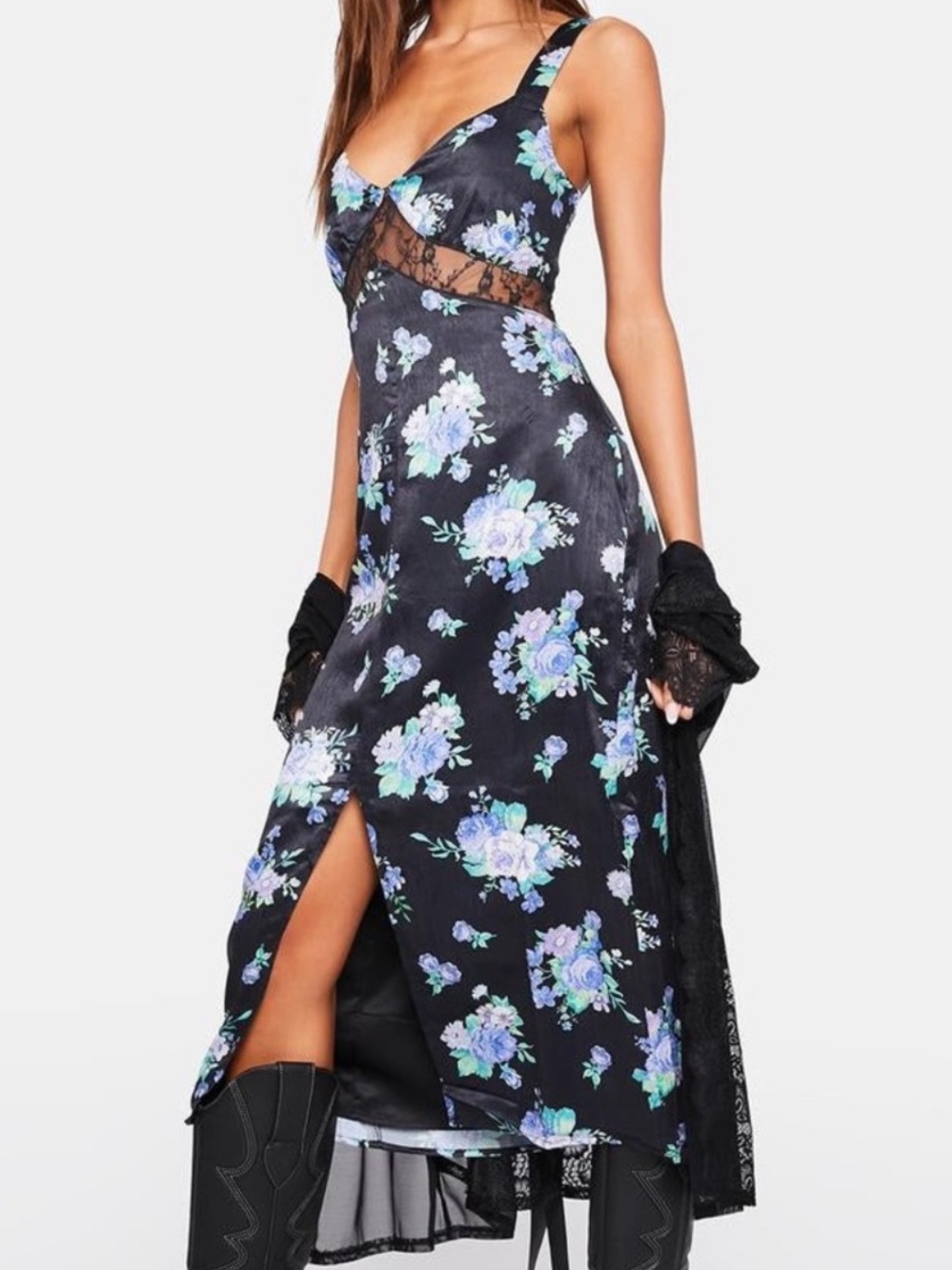 WeWoreWhat Black Slip Midi Dress with Blue Floral Print